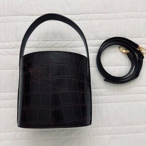 STAUD Black Croc-Embossed Bucket Bag